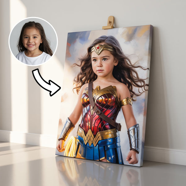Retrato Wonder Girl personalizado – ¡Convierte a tu hija en una heroína poderosa!
