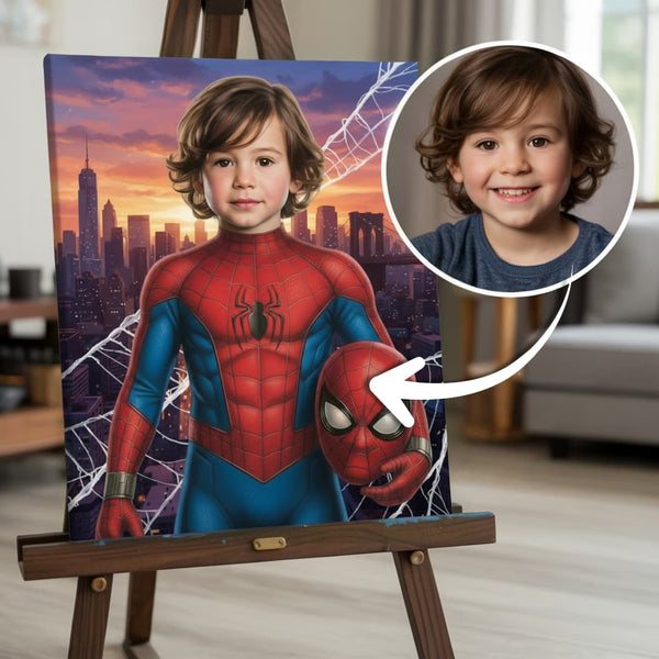 Tu Hijo como Spider-Man – Retrato Personalizado Épico en Lienzo