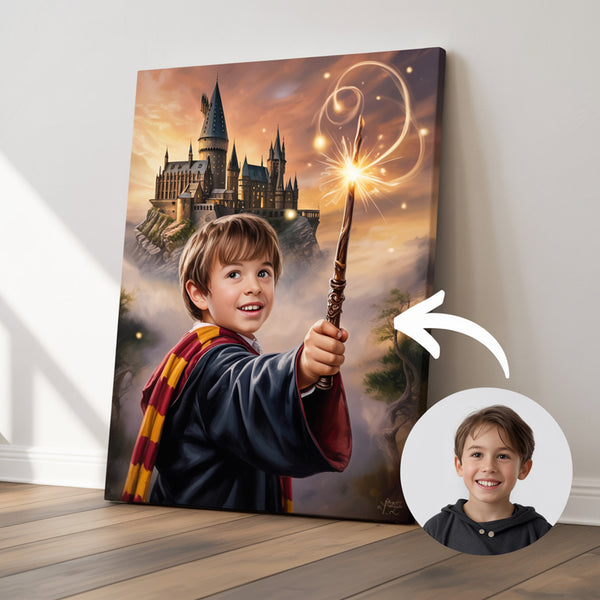 Retrato personalizado estilo Harry Potter con túnica, varita y fondo mágico, hecho a partir de una foto real" (Copia)